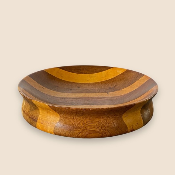 Vintage Handmade Hand Turned Wooden Bowl Pieced Striped Wood 8.75” - Picture 1 of 9